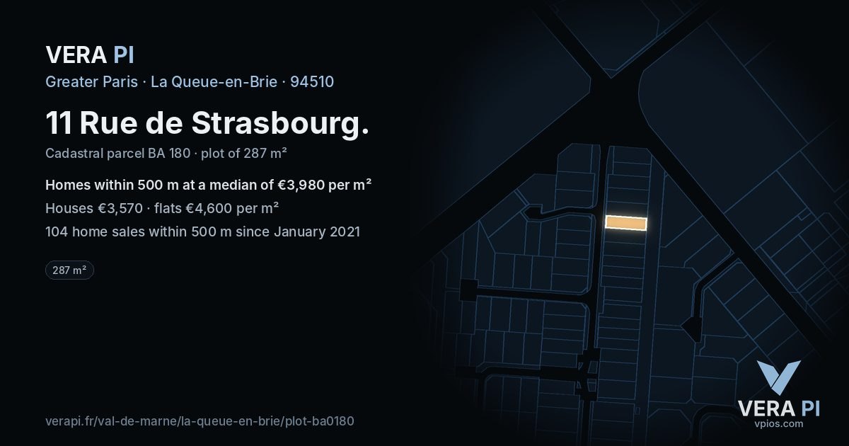 11 Rue de Strasbourg, La Queue-en-Brie at night – the plot lit, the parcels around coloured by the prices near them