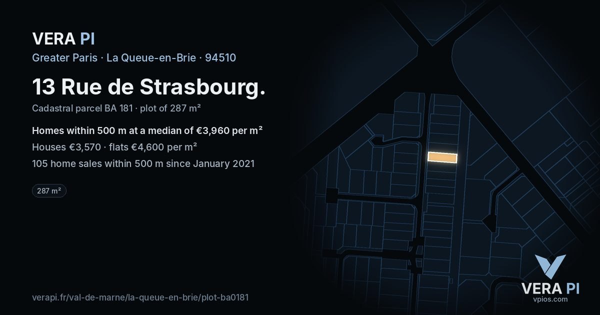 13 Rue de Strasbourg, La Queue-en-Brie at night – the plot lit, the parcels around coloured by the prices near them