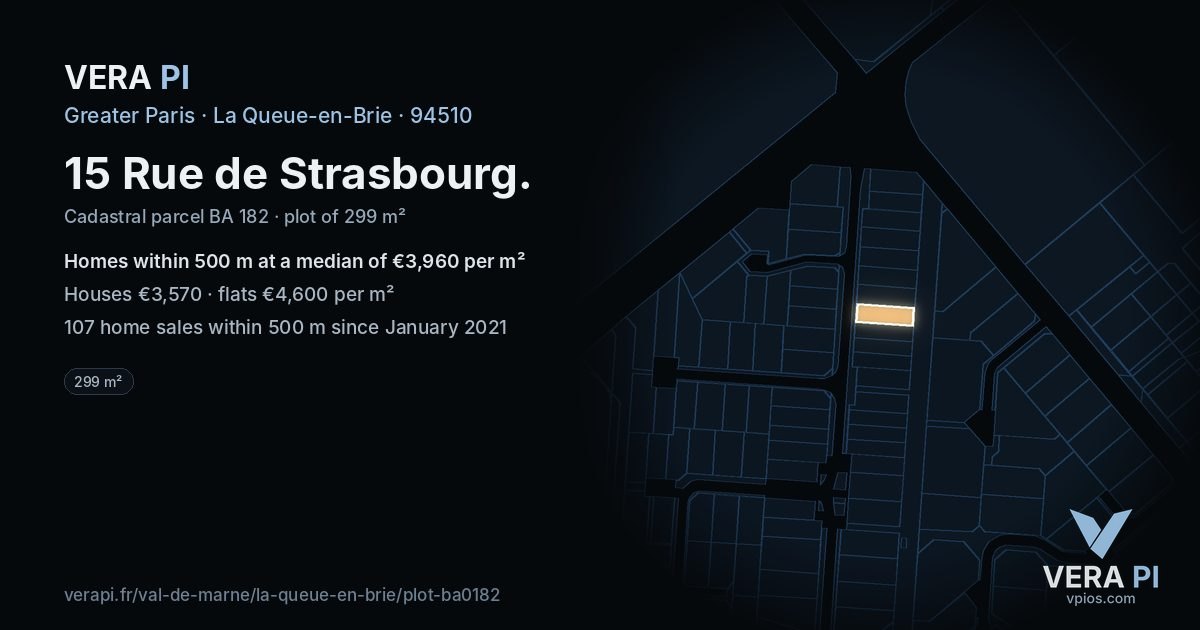 15 Rue de Strasbourg, La Queue-en-Brie at night – the plot lit, the parcels around coloured by the prices near them