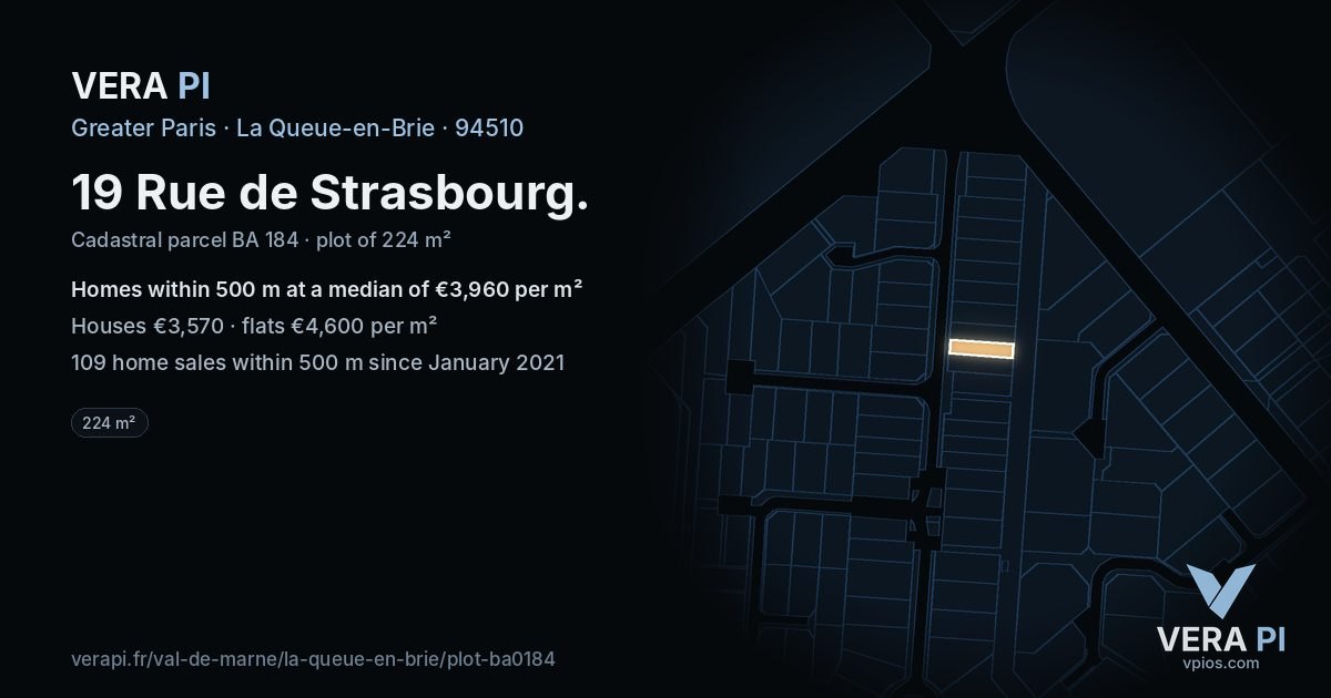 19 Rue de Strasbourg, La Queue-en-Brie at night – the plot lit, the parcels around coloured by the prices near them