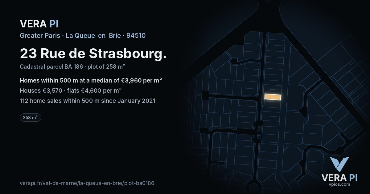 23 Rue de Strasbourg, La Queue-en-Brie at night – the plot lit, the parcels around coloured by the prices near them