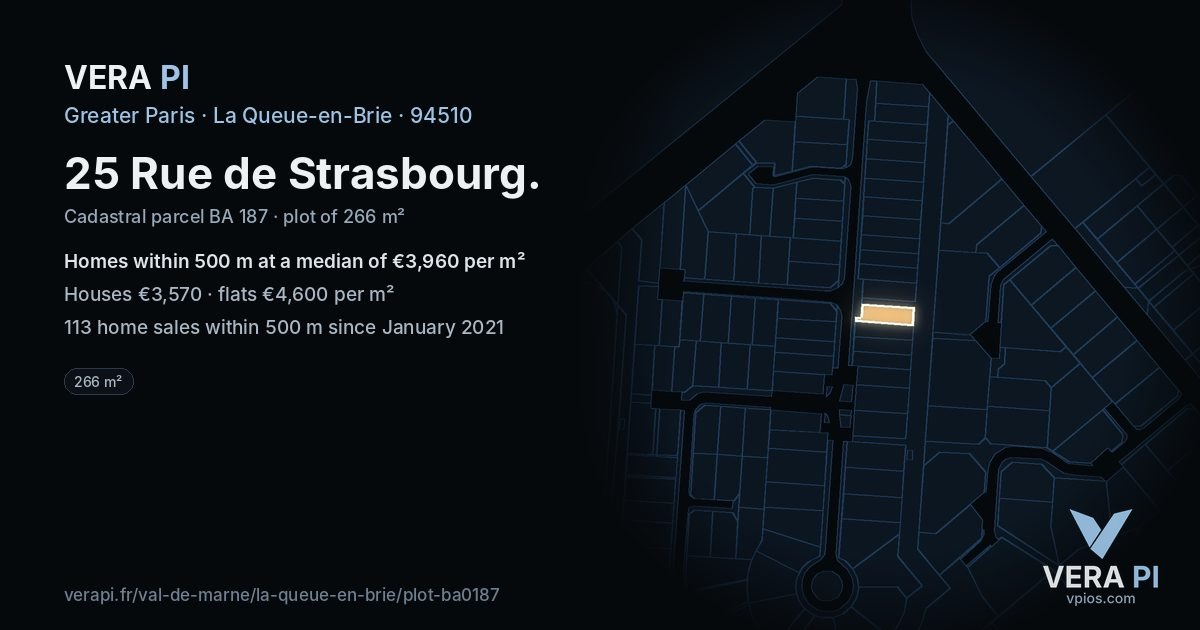 25 Rue de Strasbourg, La Queue-en-Brie at night – the plot lit, the parcels around coloured by the prices near them