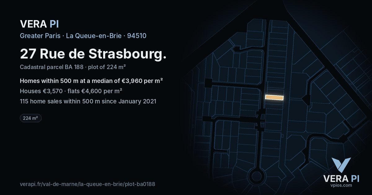 27 Rue de Strasbourg, La Queue-en-Brie at night – the plot lit, the parcels around coloured by the prices near them