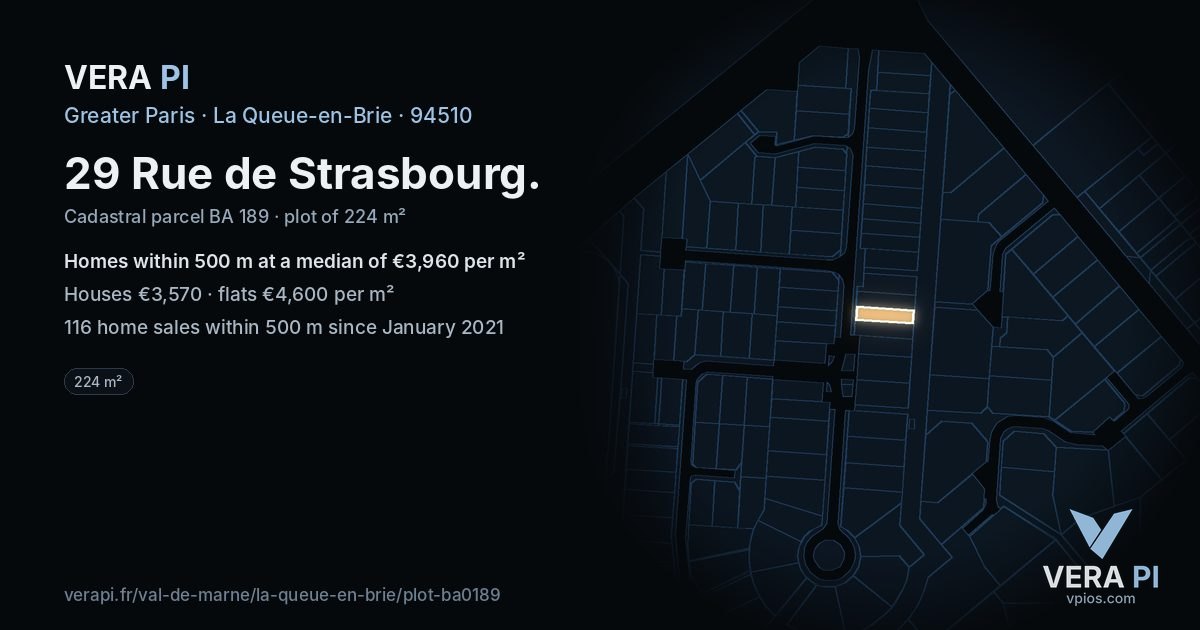 29 Rue de Strasbourg, La Queue-en-Brie at night – the plot lit, the parcels around coloured by the prices near them