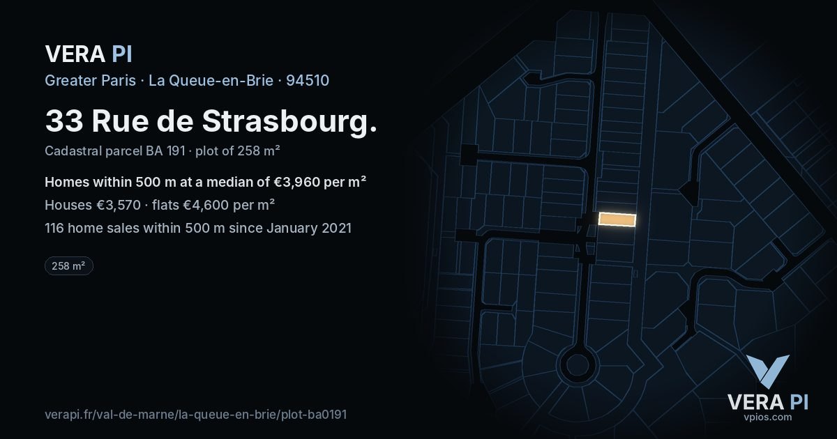 33 Rue de Strasbourg, La Queue-en-Brie at night – the plot lit, the parcels around coloured by the prices near them