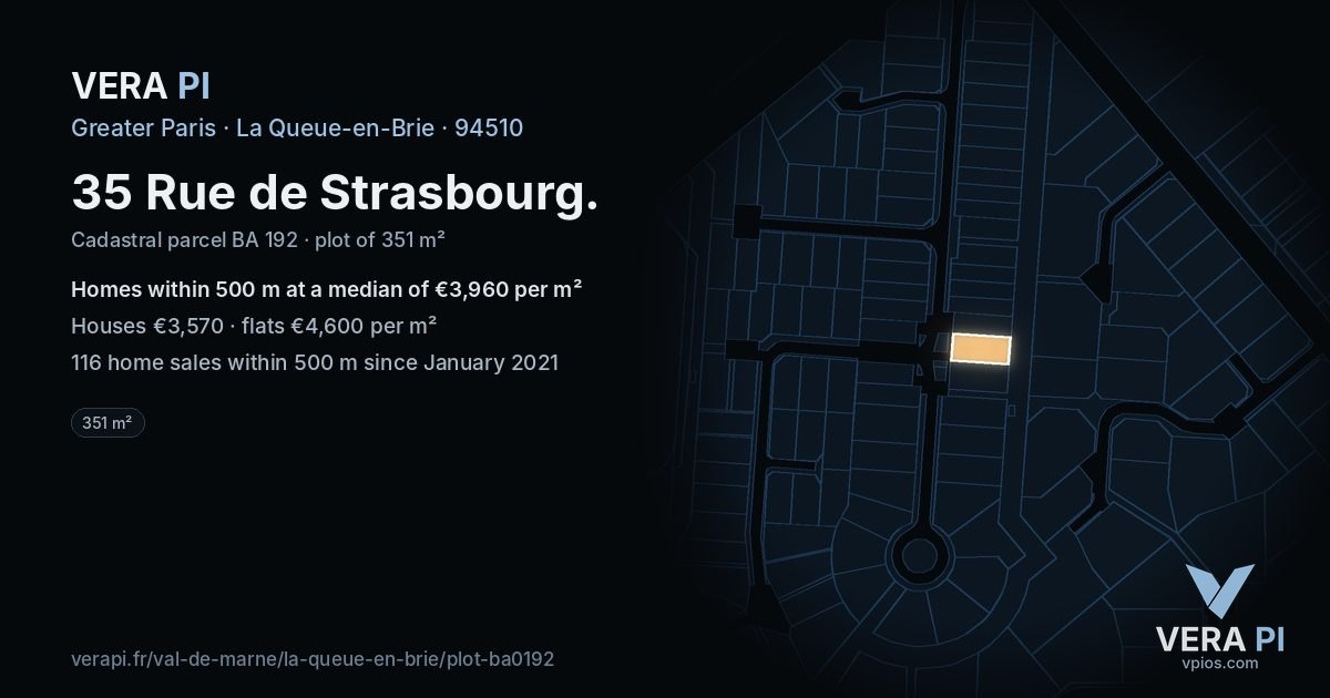 35 Rue de Strasbourg, La Queue-en-Brie at night – the plot lit, the parcels around coloured by the prices near them