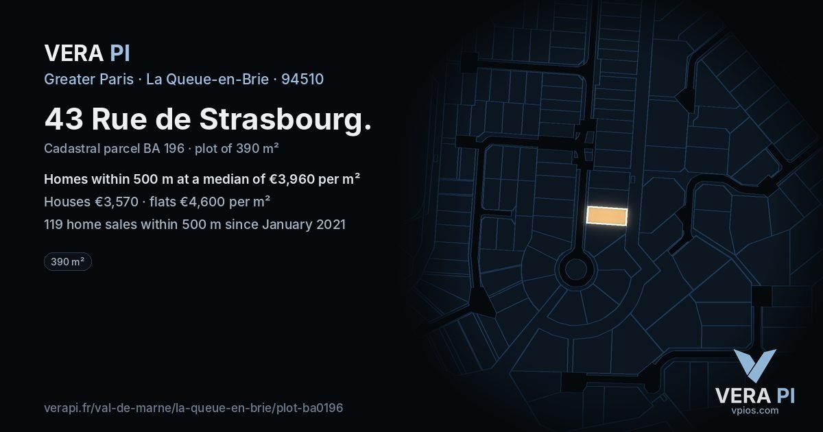 43 Rue de Strasbourg, La Queue-en-Brie at night – the plot lit, the parcels around coloured by the prices near them
