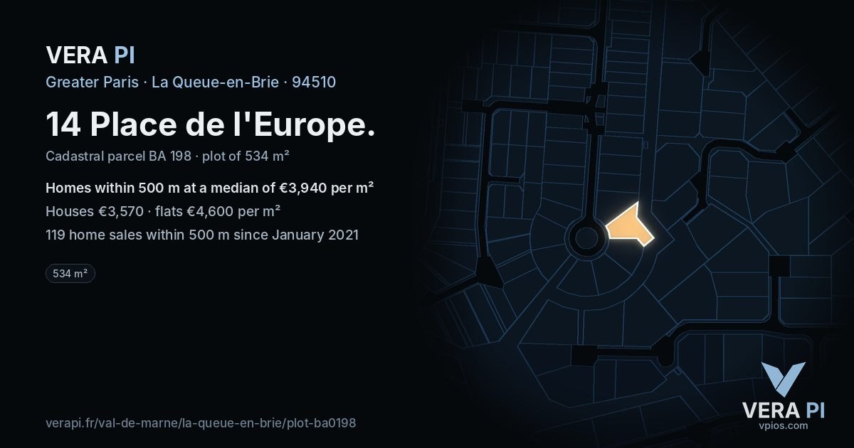 14 Place de l'Europe, La Queue-en-Brie at night – the plot lit, the parcels around coloured by the prices near them