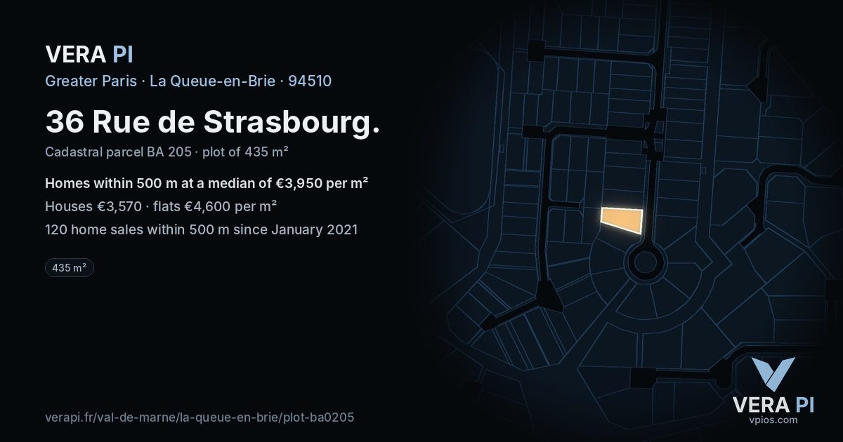 36 Rue de Strasbourg, La Queue-en-Brie at night – the plot lit, the parcels around coloured by the prices near them