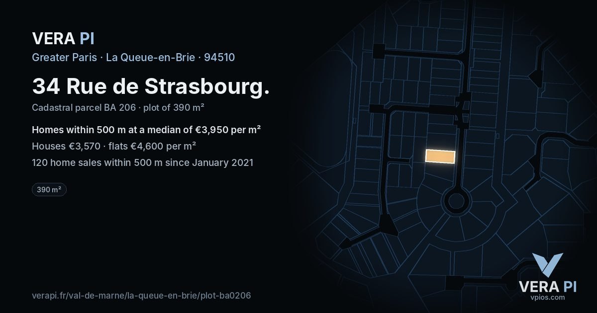 34 Rue de Strasbourg, La Queue-en-Brie at night – the plot lit, the parcels around coloured by the prices near them