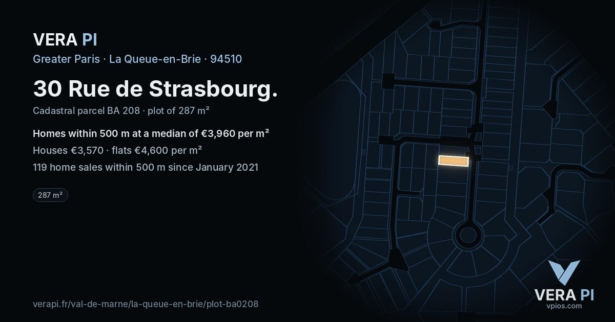 30 Rue de Strasbourg, La Queue-en-Brie at night – the plot lit, the parcels around coloured by the prices near them