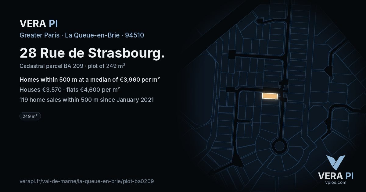 28 Rue de Strasbourg, La Queue-en-Brie at night – the plot lit, the parcels around coloured by the prices near them