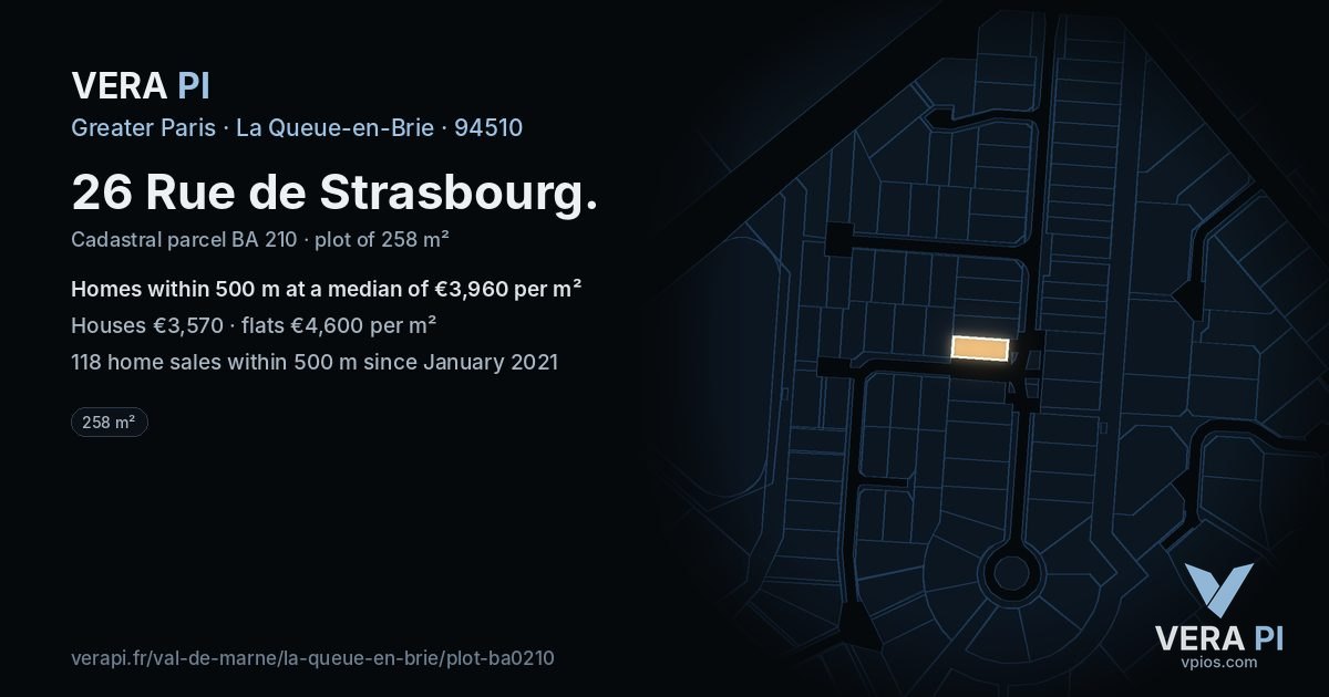 26 Rue de Strasbourg, La Queue-en-Brie at night – the plot lit, the parcels around coloured by the prices near them