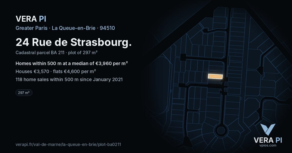 24 Rue de Strasbourg, La Queue-en-Brie at night – the plot lit, the parcels around coloured by the prices near them