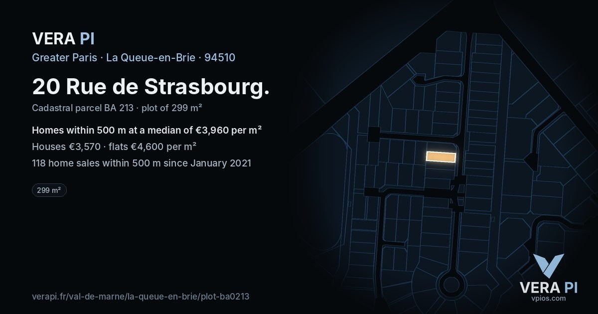 20 Rue de Strasbourg, La Queue-en-Brie at night – the plot lit, the parcels around coloured by the prices near them