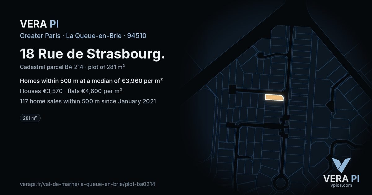 18 Rue de Strasbourg, La Queue-en-Brie at night – the plot lit, the parcels around coloured by the prices near them