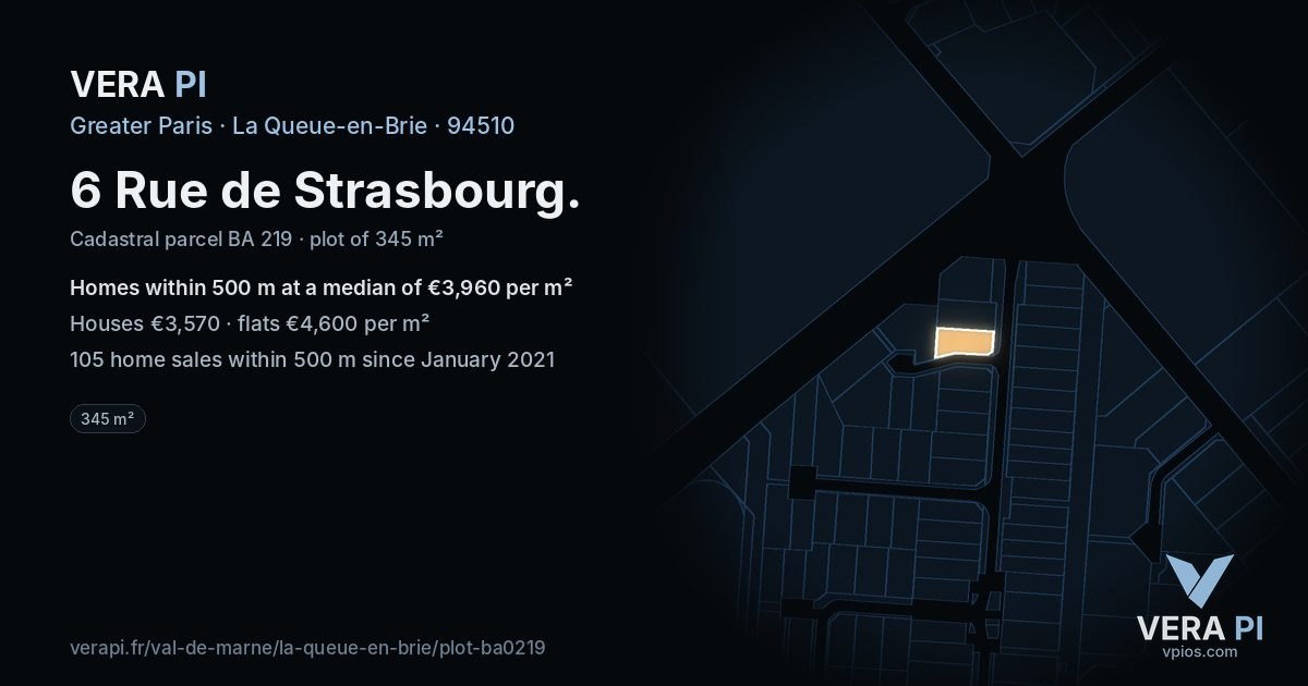 6 Rue de Strasbourg, La Queue-en-Brie at night – the plot lit, the parcels around coloured by the prices near them