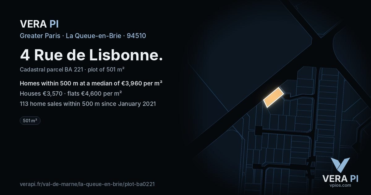 4 Rue de Lisbonne, La Queue-en-Brie at night – the plot lit, the parcels around coloured by the prices near them