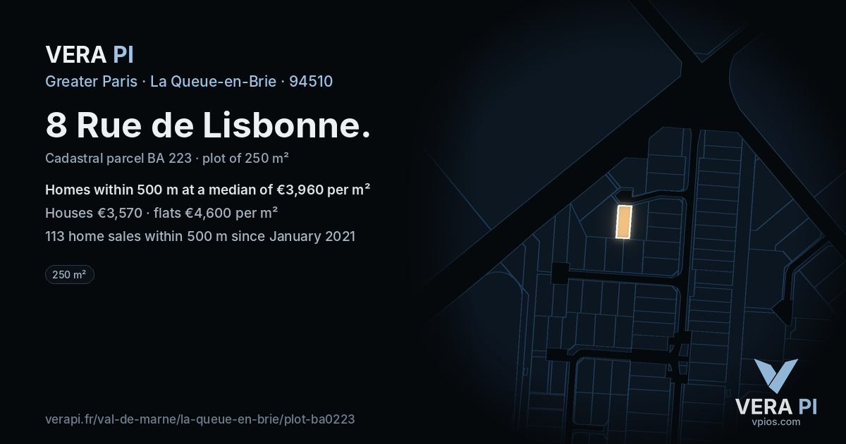 8 Rue de Lisbonne, La Queue-en-Brie at night – the plot lit, the parcels around coloured by the prices near them