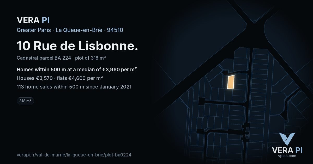 10 Rue de Lisbonne, La Queue-en-Brie at night – the plot lit, the parcels around coloured by the prices near them