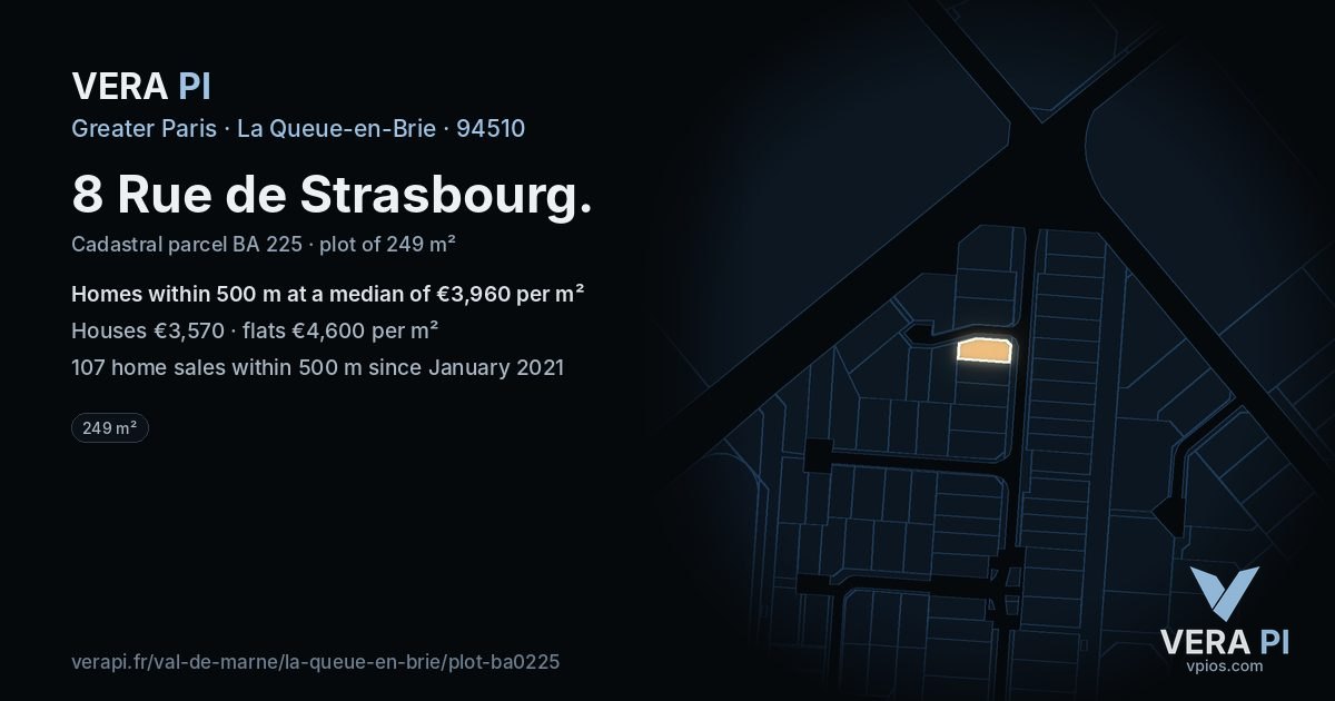 8 Rue de Strasbourg, La Queue-en-Brie at night – the plot lit, the parcels around coloured by the prices near them