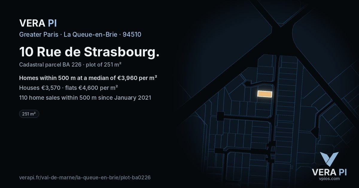 10 Rue de Strasbourg, La Queue-en-Brie at night – the plot lit, the parcels around coloured by the prices near them