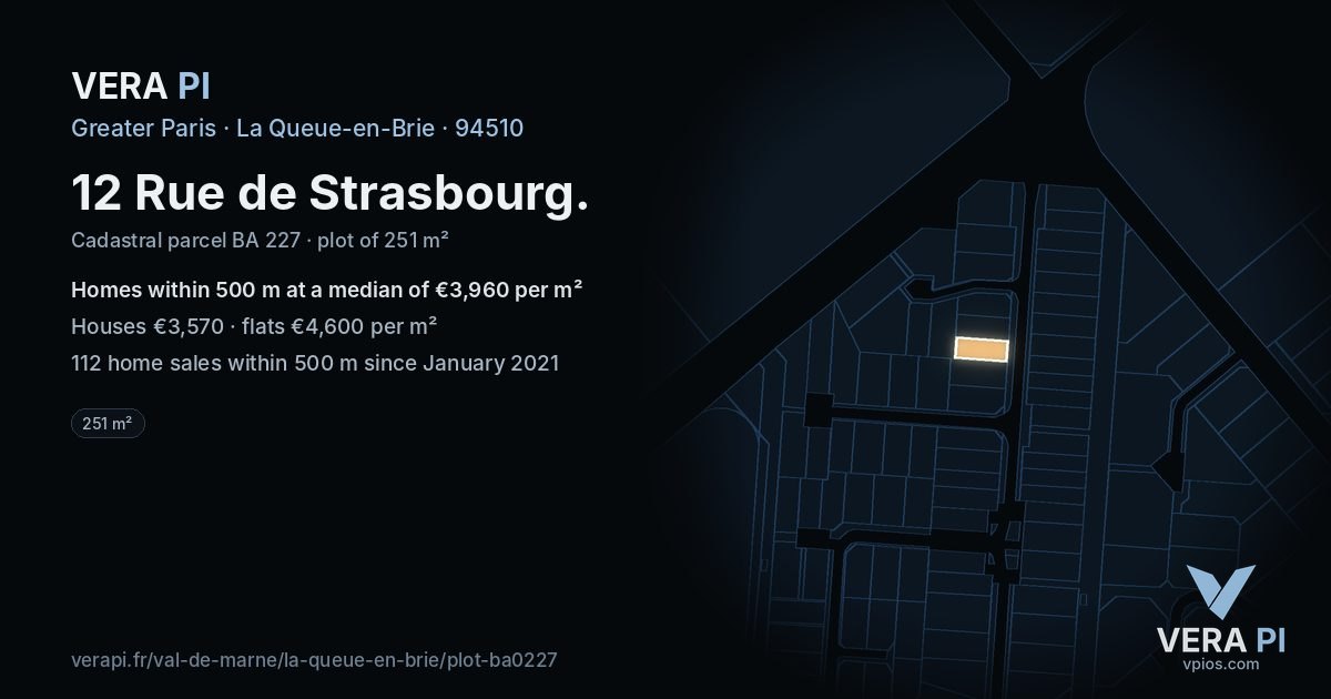 12 Rue de Strasbourg, La Queue-en-Brie at night – the plot lit, the parcels around coloured by the prices near them