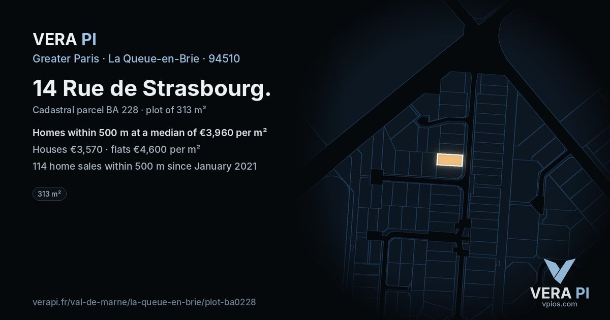 14 Rue de Strasbourg, La Queue-en-Brie at night – the plot lit, the parcels around coloured by the prices near them