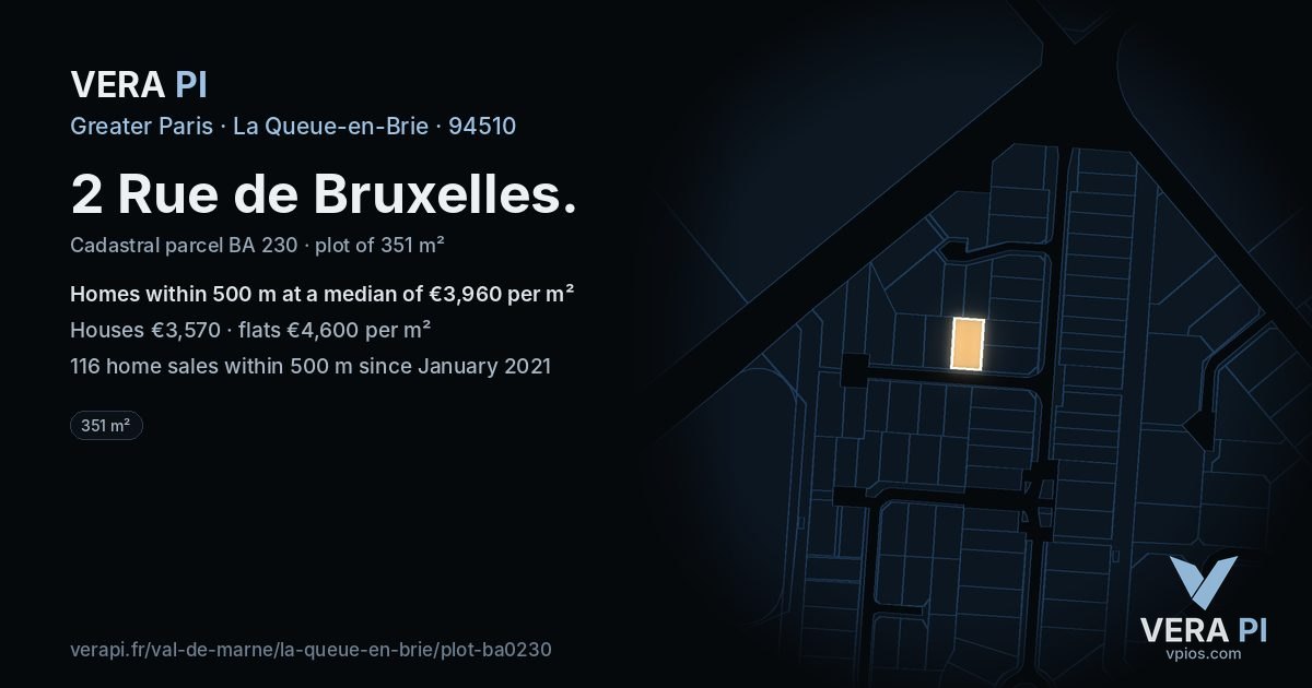2 Rue de Bruxelles, La Queue-en-Brie at night – the plot lit, the parcels around coloured by the prices near them