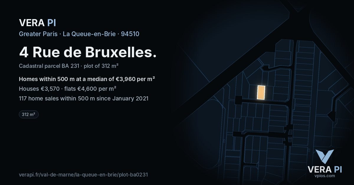 4 Rue de Bruxelles, La Queue-en-Brie at night – the plot lit, the parcels around coloured by the prices near them