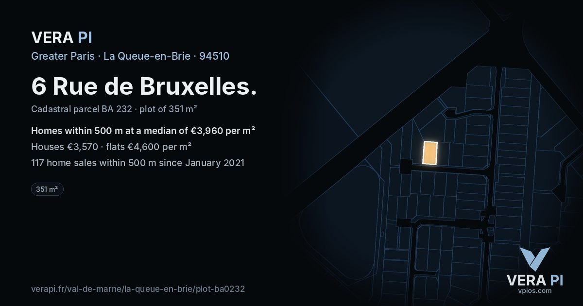 6 Rue de Bruxelles, La Queue-en-Brie at night – the plot lit, the parcels around coloured by the prices near them