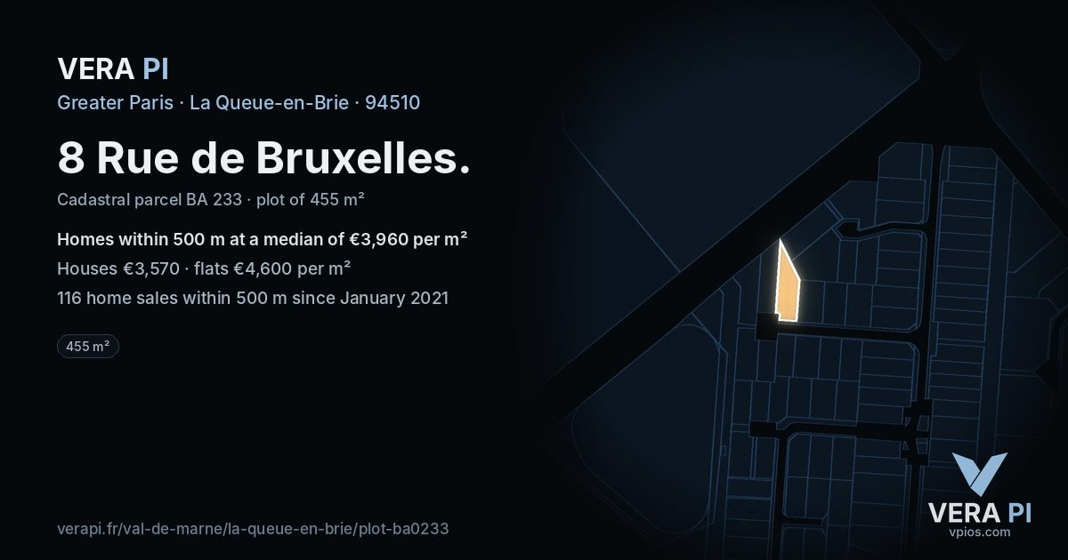 8 Rue de Bruxelles, La Queue-en-Brie at night – the plot lit, the parcels around coloured by the prices near them