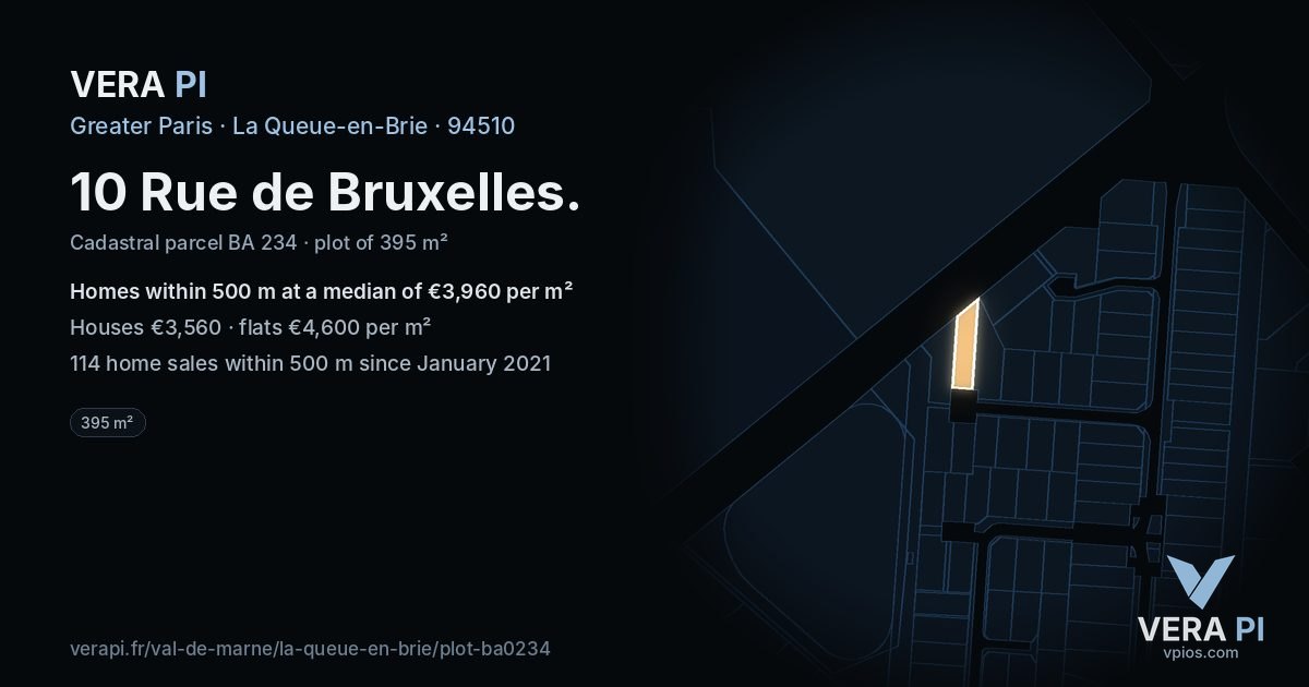 10 Rue de Bruxelles, La Queue-en-Brie at night – the plot lit, the parcels around coloured by the prices near them