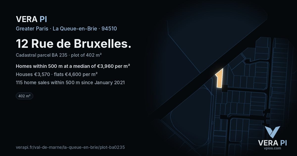 12 Rue de Bruxelles, La Queue-en-Brie at night – the plot lit, the parcels around coloured by the prices near them