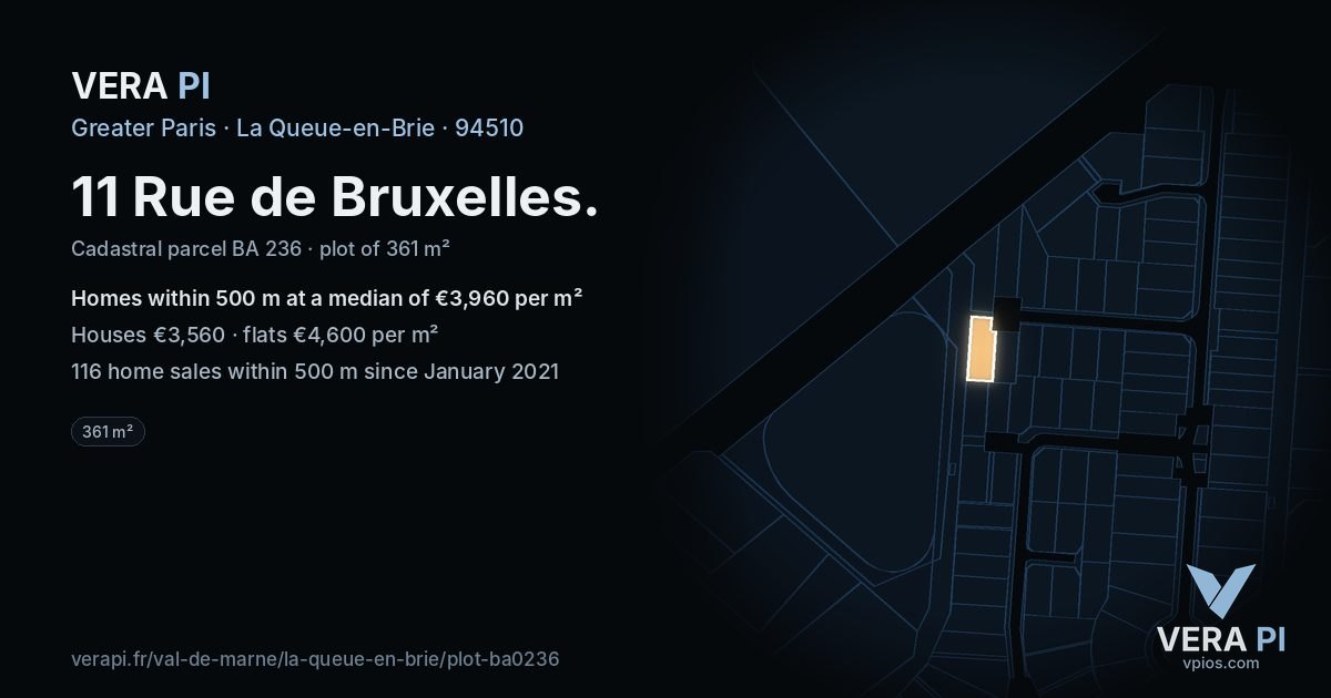 11 Rue de Bruxelles, La Queue-en-Brie at night – the plot lit, the parcels around coloured by the prices near them