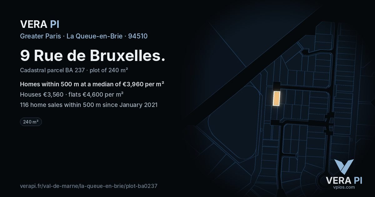 9 Rue de Bruxelles, La Queue-en-Brie at night – the plot lit, the parcels around coloured by the prices near them