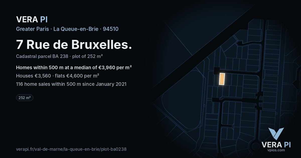 7 Rue de Bruxelles, La Queue-en-Brie at night – the plot lit, the parcels around coloured by the prices near them