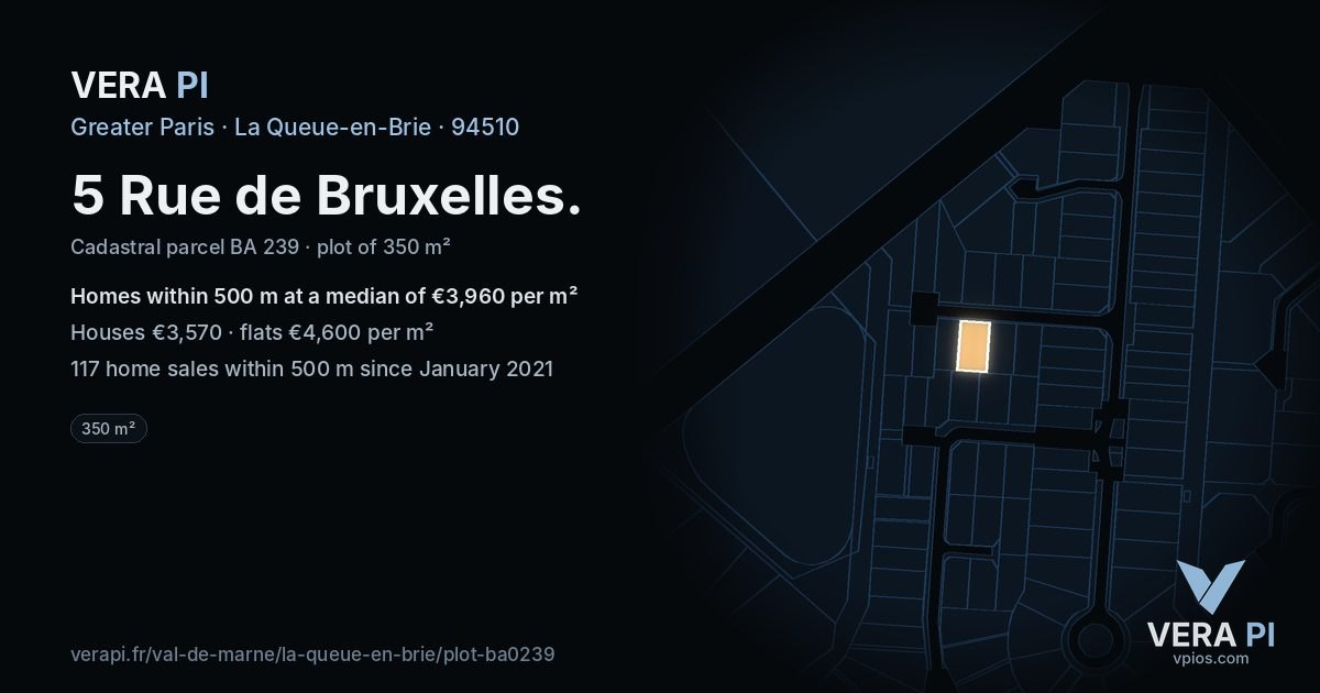 5 Rue de Bruxelles, La Queue-en-Brie at night – the plot lit, the parcels around coloured by the prices near them