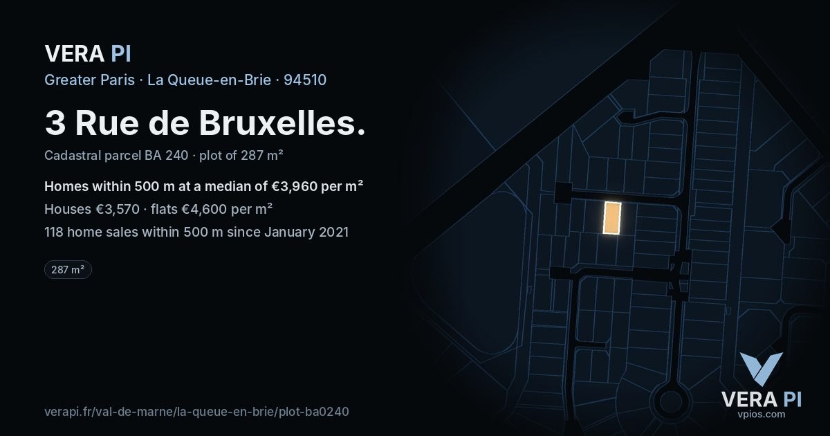 3 Rue de Bruxelles, La Queue-en-Brie at night – the plot lit, the parcels around coloured by the prices near them