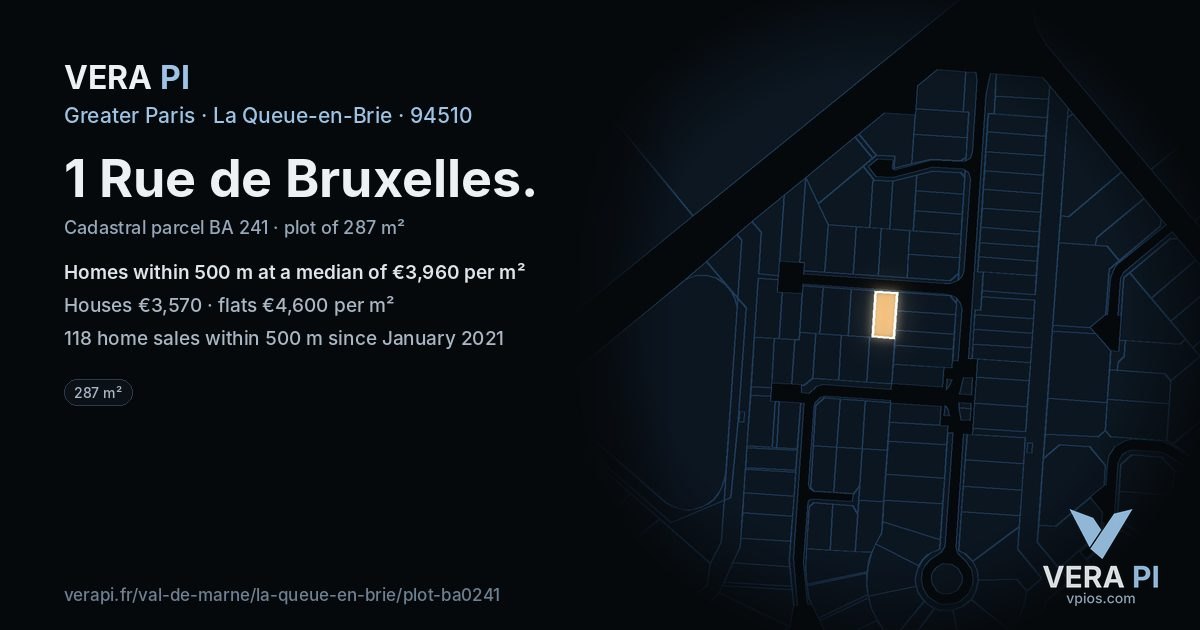 1 Rue de Bruxelles, La Queue-en-Brie at night – the plot lit, the parcels around coloured by the prices near them