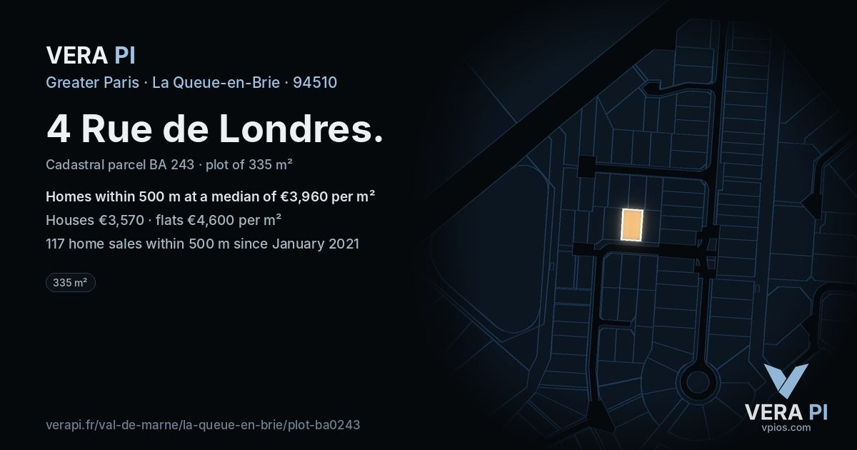 4 Rue de Londres, La Queue-en-Brie at night – the plot lit, the parcels around coloured by the prices near them