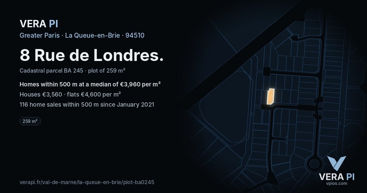 8 Rue de Londres, La Queue-en-Brie at night – the plot lit, the parcels around coloured by the prices near them