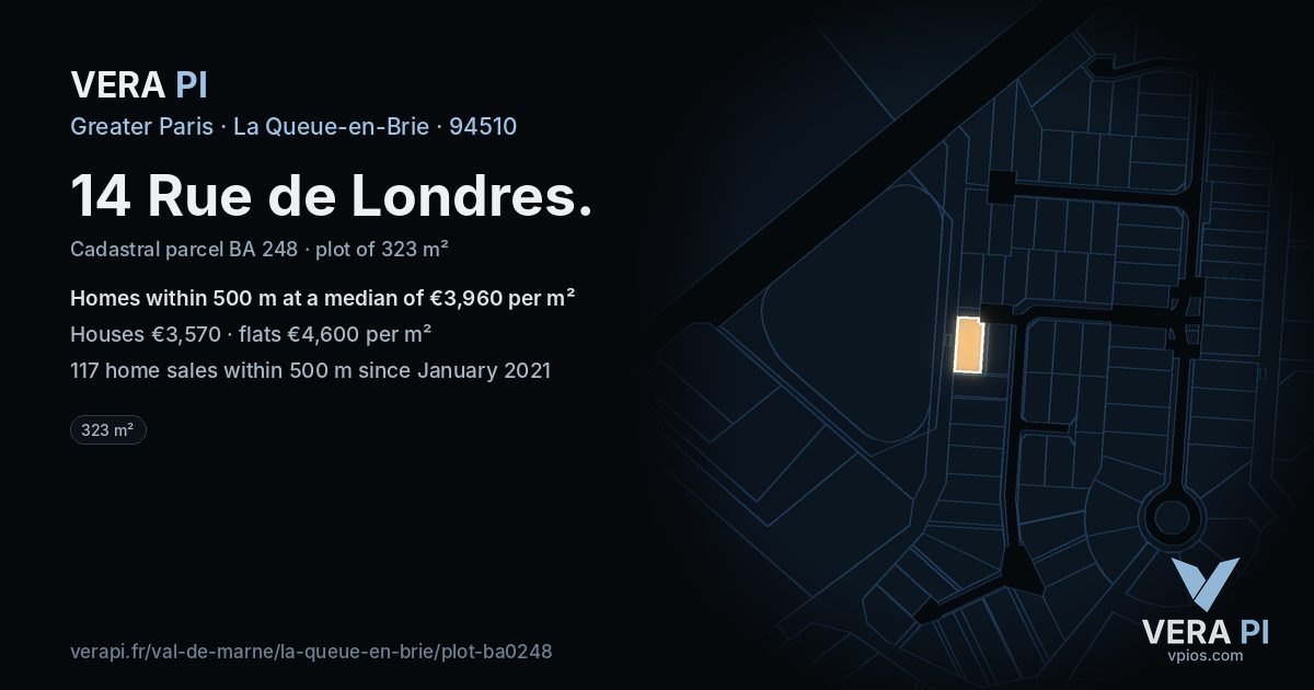 14 Rue de Londres, La Queue-en-Brie at night – the plot lit, the parcels around coloured by the prices near them