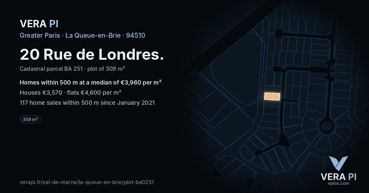 20 Rue de Londres, La Queue-en-Brie at night – the plot lit, the parcels around coloured by the prices near them