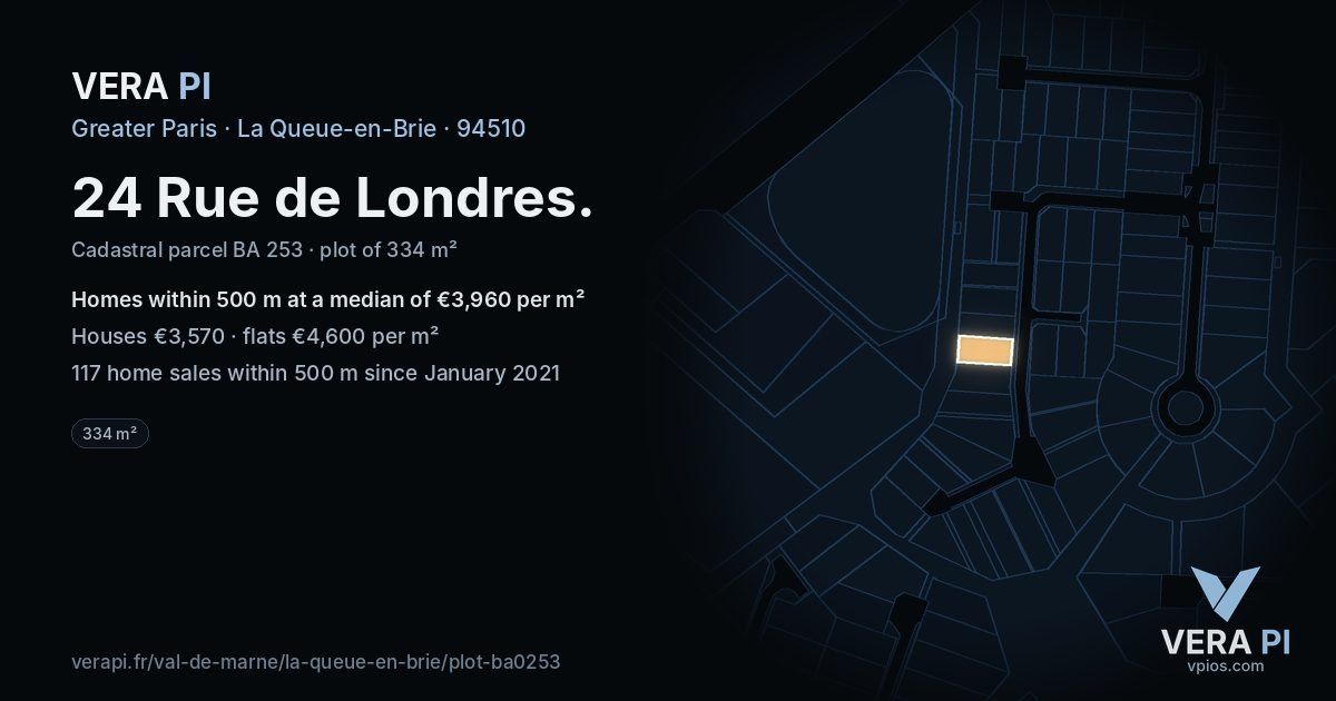 24 Rue de Londres, La Queue-en-Brie at night – the plot lit, the parcels around coloured by the prices near them