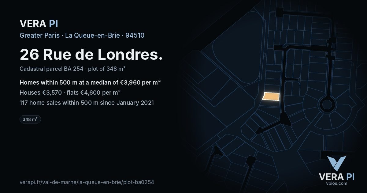 26 Rue de Londres, La Queue-en-Brie at night – the plot lit, the parcels around coloured by the prices near them