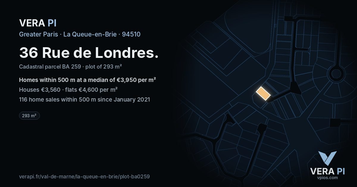 36 Rue de Londres, La Queue-en-Brie at night – the plot lit, the parcels around coloured by the prices near them
