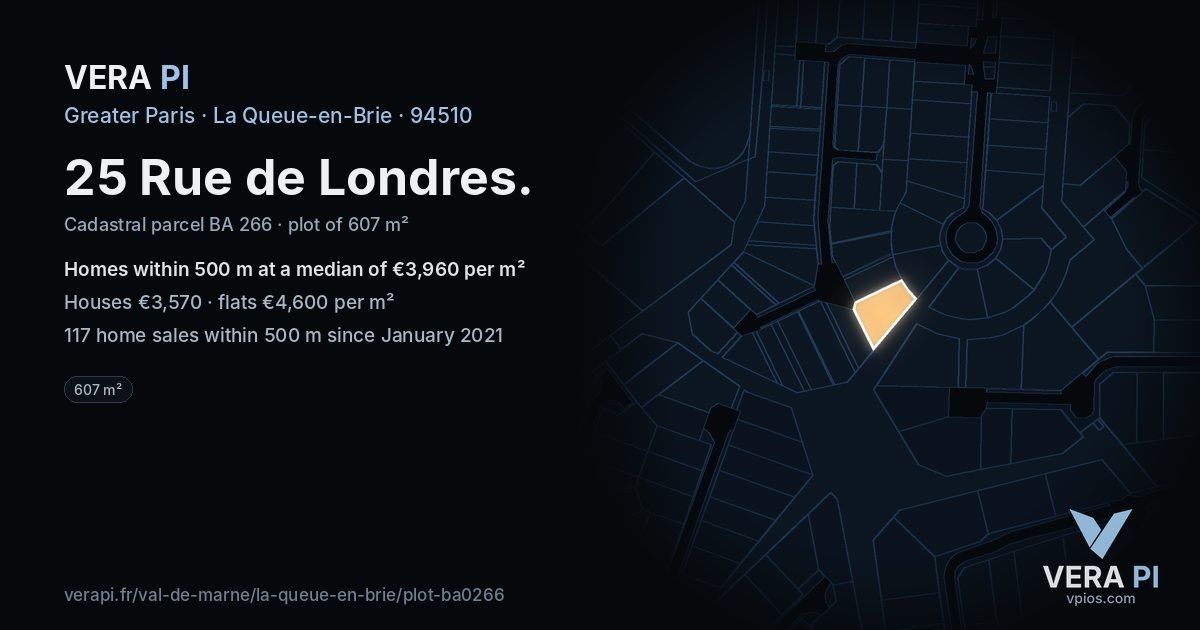 25 Rue de Londres, La Queue-en-Brie at night – the plot lit, the parcels around coloured by the prices near them