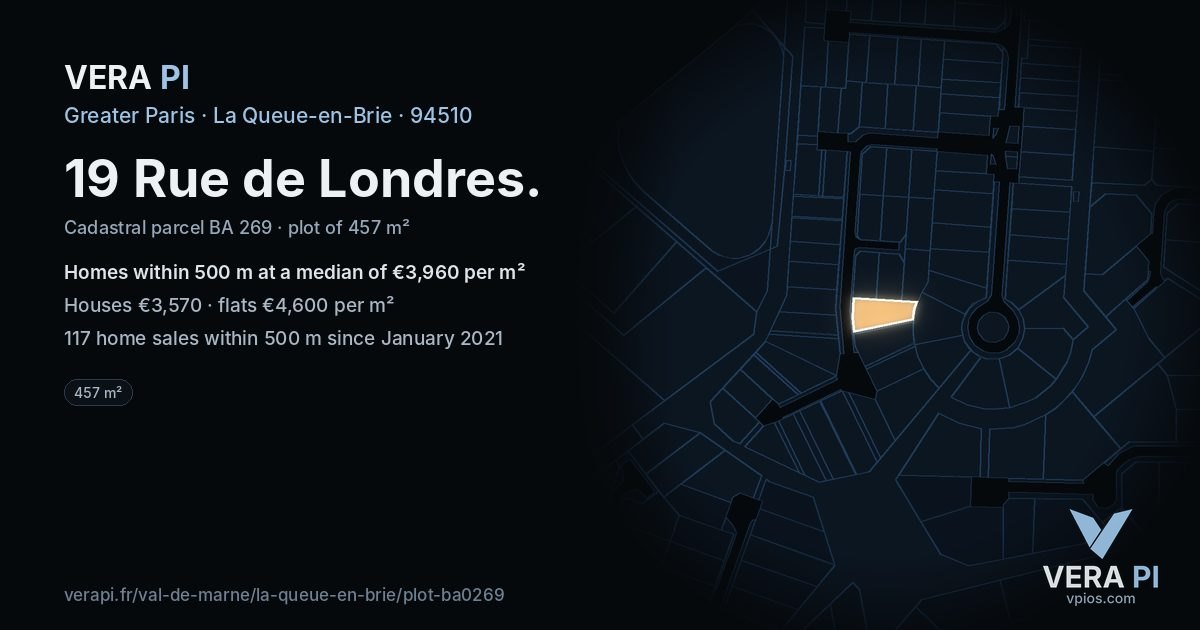 19 Rue de Londres, La Queue-en-Brie at night – the plot lit, the parcels around coloured by the prices near them