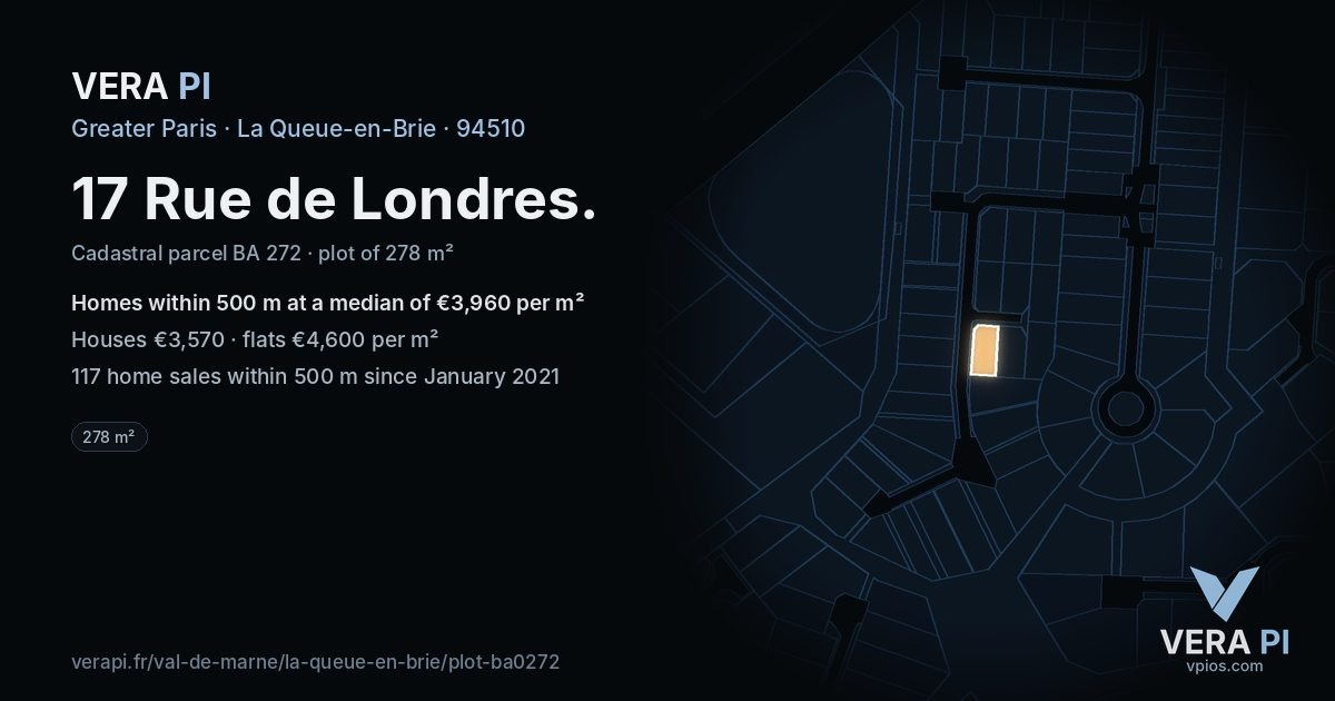 17 Rue de Londres, La Queue-en-Brie at night – the plot lit, the parcels around coloured by the prices near them